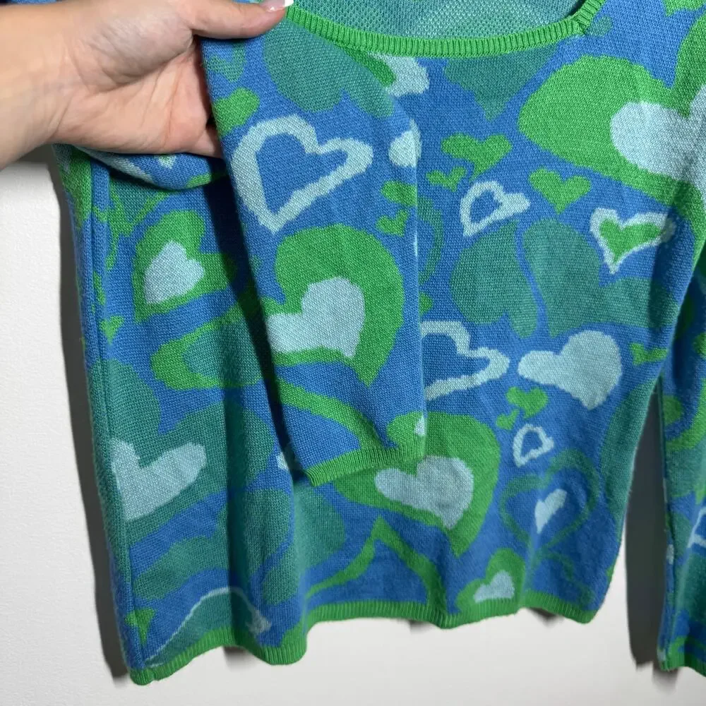 ASOS Design Top Women 4 Blue Green Wavy Heart Square Neck Lightweight 3/4 Sleeve